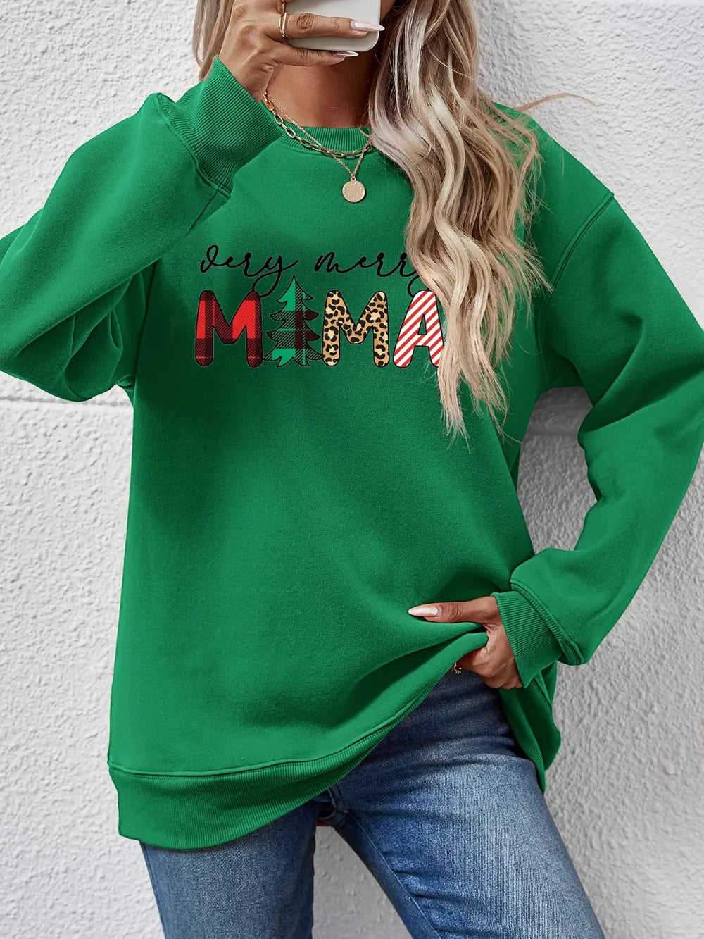 Fashorio Green / S Letter Graphic Round Neck Long Sleeve Sweatshirt