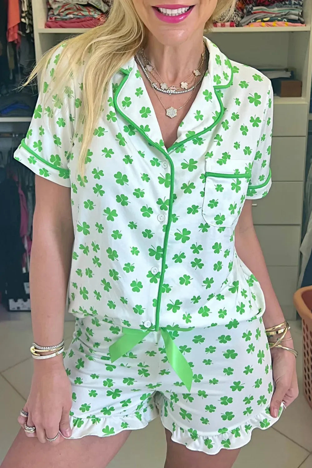 Fashorio Green / S Lucky Clover Shirt and Shorts Lounge Set