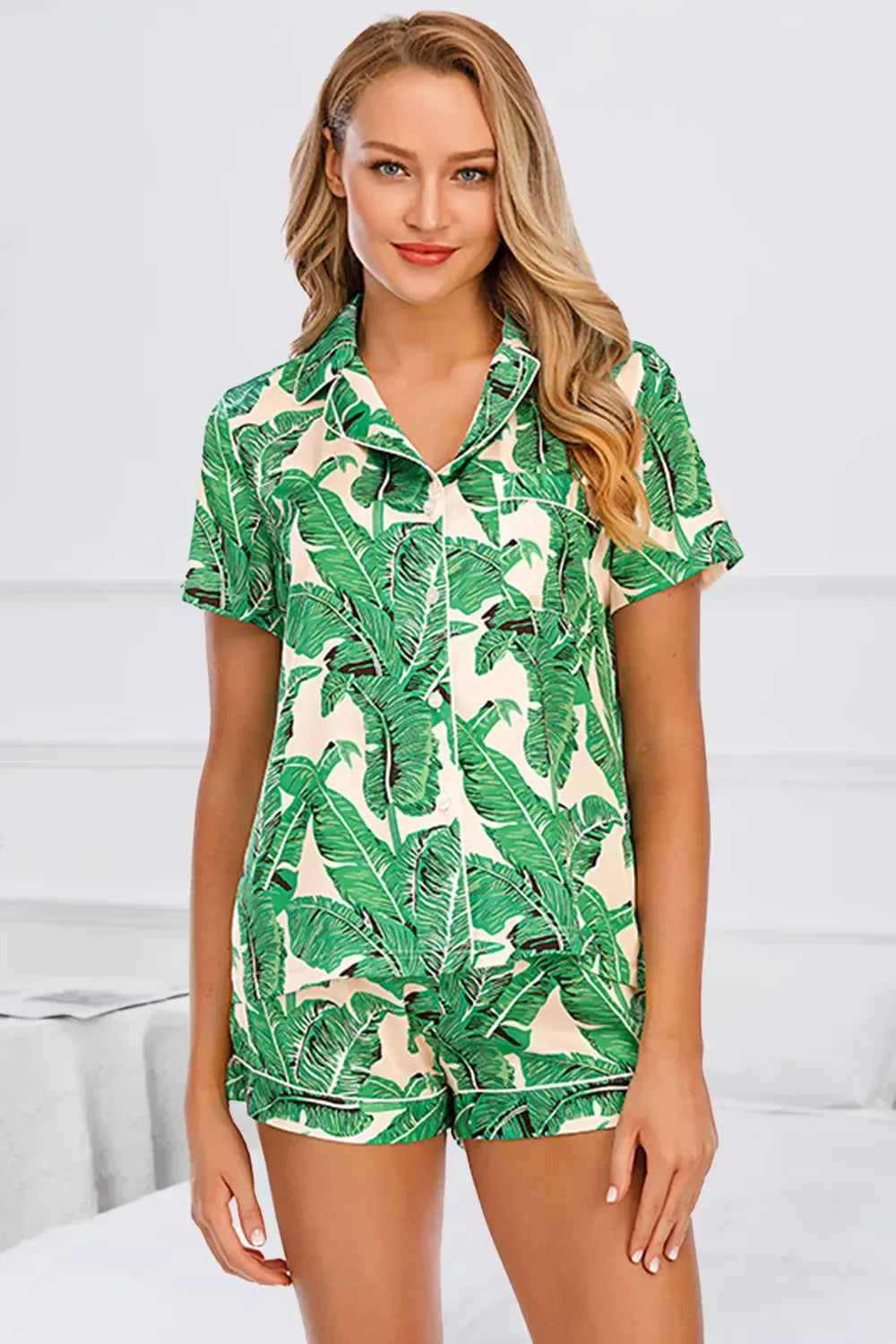 Fashorio Green / S Printed Button Up Short Sleeve Top and Shorts Lounge Set