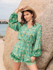 Fashorio Green / S Printed Ruffled Balloon Sleeve Romper