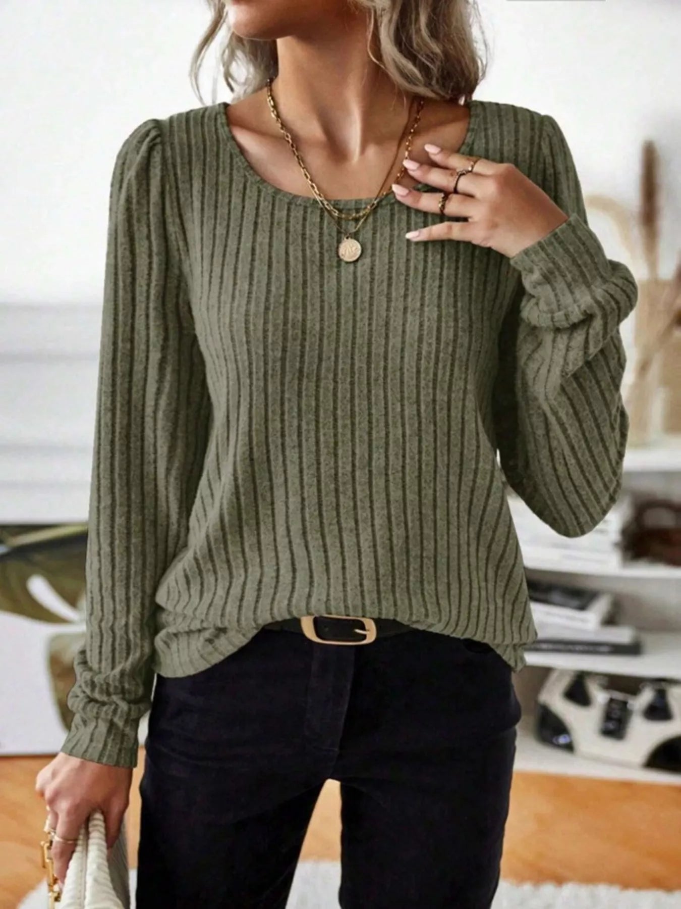 Fashorio Green / S Ribbed Knit Long Sleeve T-Shirt