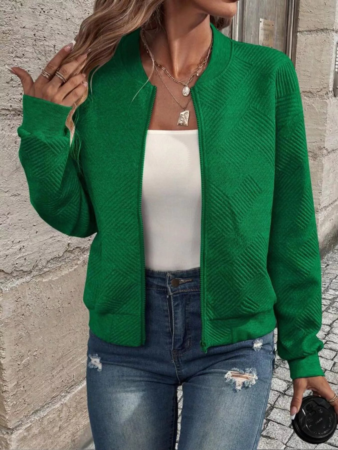 Fashorio Green / S Textured Zip-Up Long Sleeve Jacket for Casual Layering