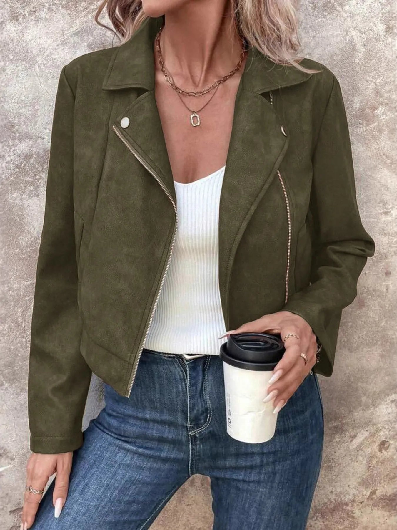 Fashorio Green / S Zip Up Suede Cropped Moto Jacket