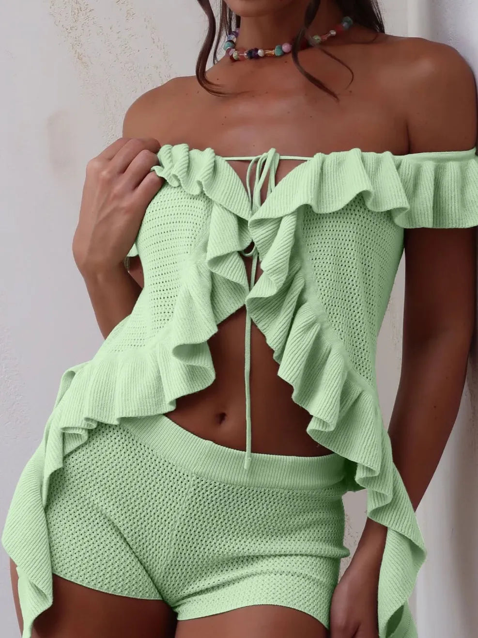 Fashorio Green / XS Off-Shoulder Ruffle Top and Shorts Sweater Set