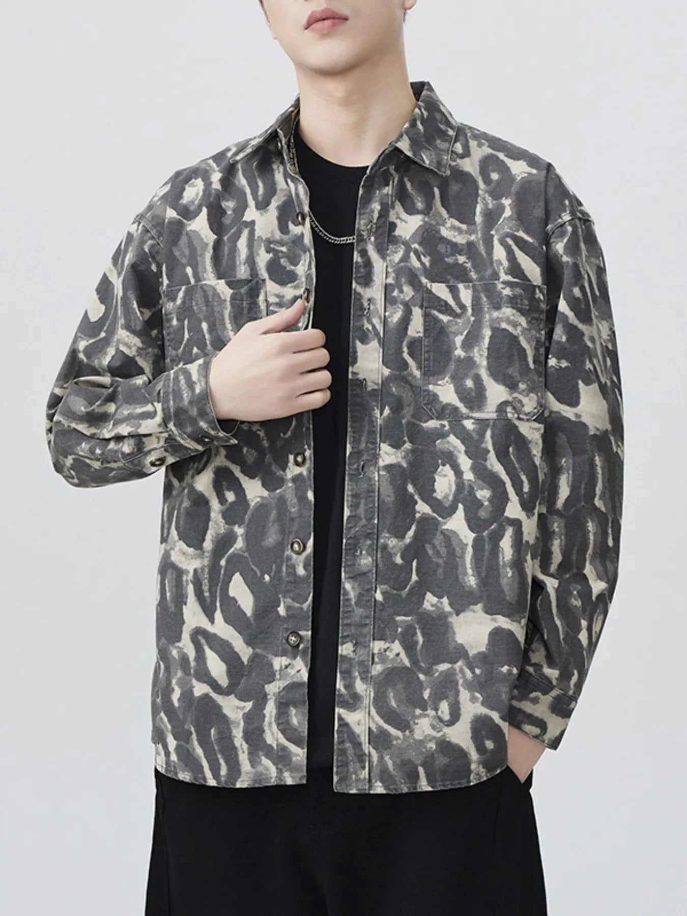 Men's Plus Size Camouflage Print Button-Up Shacket Grey - Fashorio