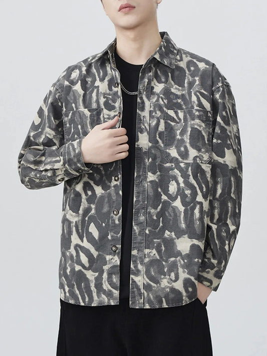 Men's Plus Size Camouflage Print Button-Up Shacket Grey - Fashorio
