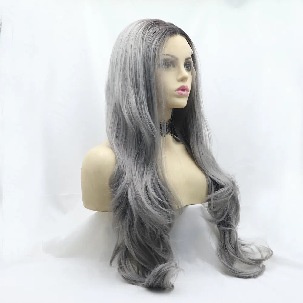 Fashorio Grey / One Size 13*3" Lace Front Wigs Synthetic Long Wavy 24" 130% Density