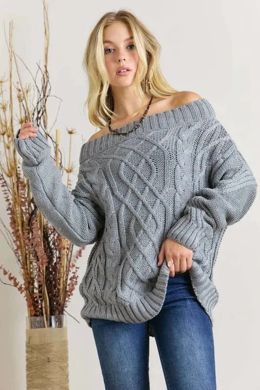 ADORA Cable Knit Off Shoulder Sweater GREY - Fashorio