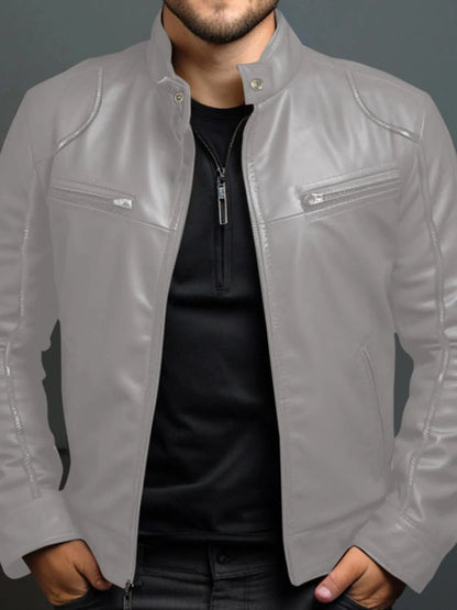 Men's Full Size Leather Motorcycle Jacket with Zipper Front Plus Size Grey - Fashorio