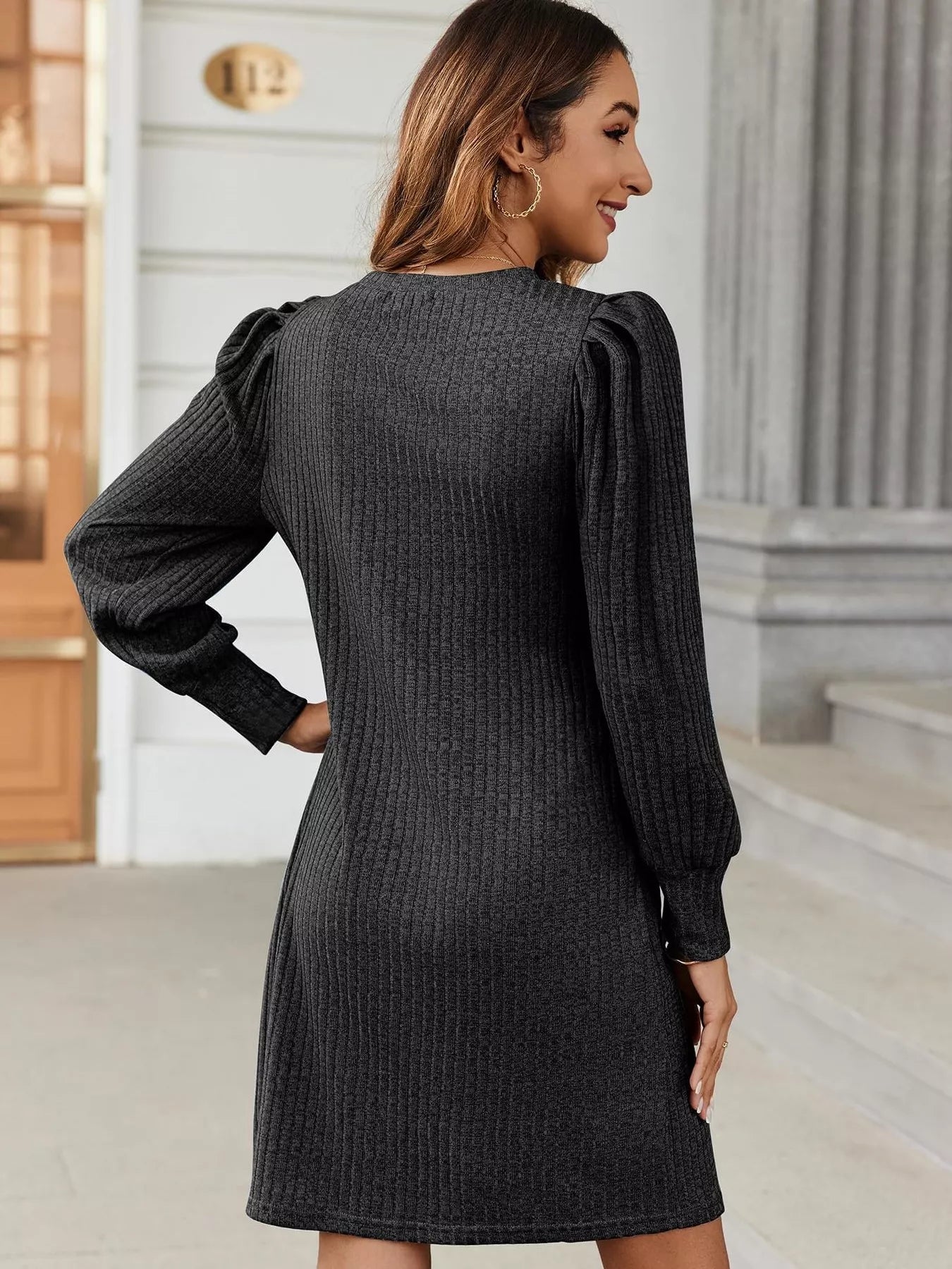 Fashorio Grey / S Ribbed Knit Puff Sleeve Casual Mini Dress