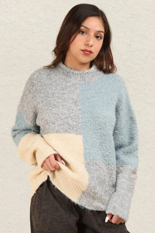VERY J Color Block Mock Neck Drop Shoulder Sweater Grey - Fashorio