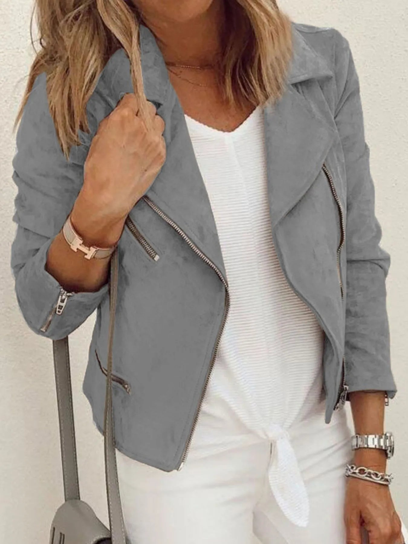 Fashorio Grey / S Zip-Up Long Sleeve Jacket for Casual Layering