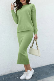 Fashorio Gum Leaf / One Size Round Neck Dropped Shoulder Top and Skirt Sweater Set