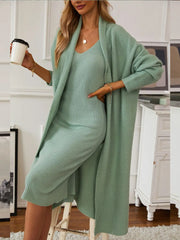 Fashorio Gum Leaf / One Size V-Neck Cami Dress and Open Front Cardigan Sweater Set