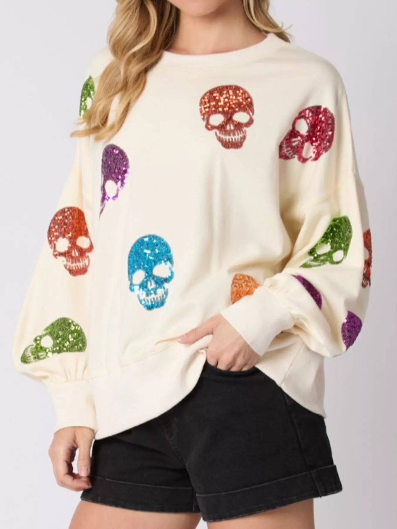 Fashorio Halloween Colorful Skull Sequin Oversized Sweatshirt