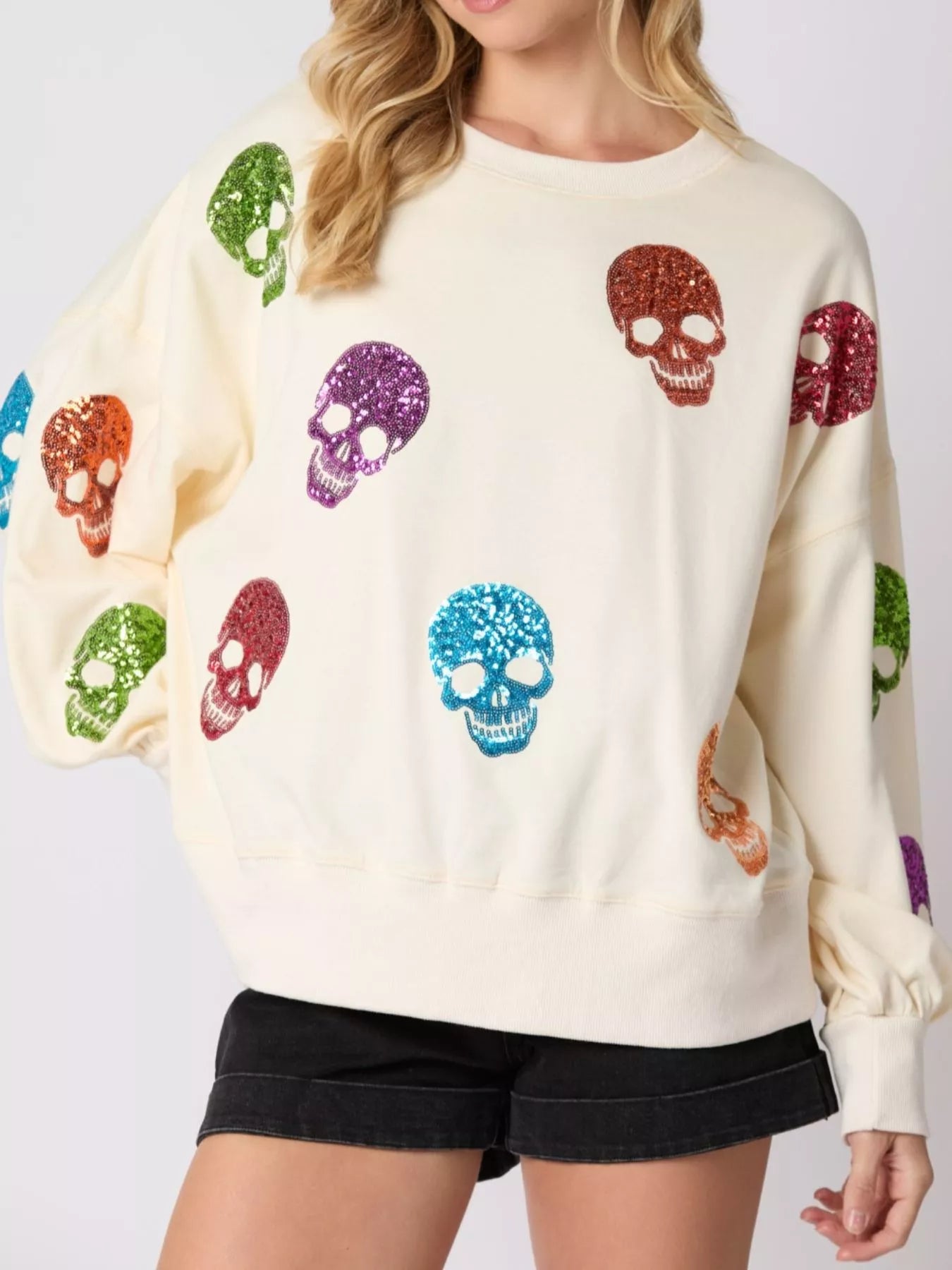 Fashorio Halloween Colorful Skull Sequin Oversized Sweatshirt
