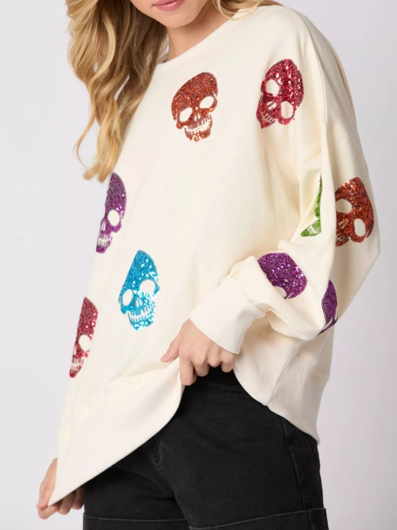 Fashorio Halloween Colorful Skull Sequin Oversized Sweatshirt