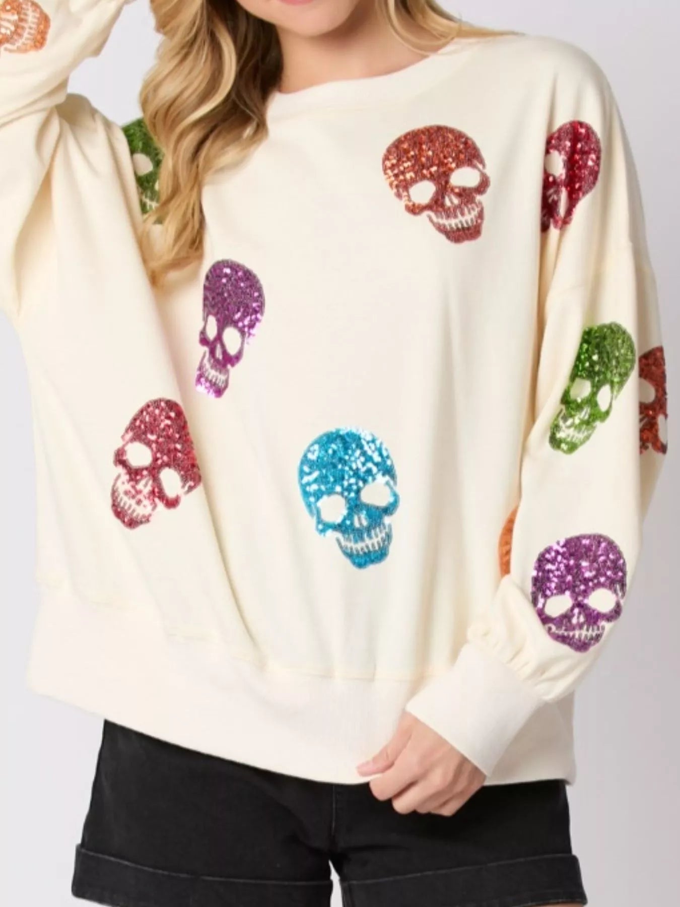 Fashorio Halloween Colorful Skull Sequin Oversized Sweatshirt