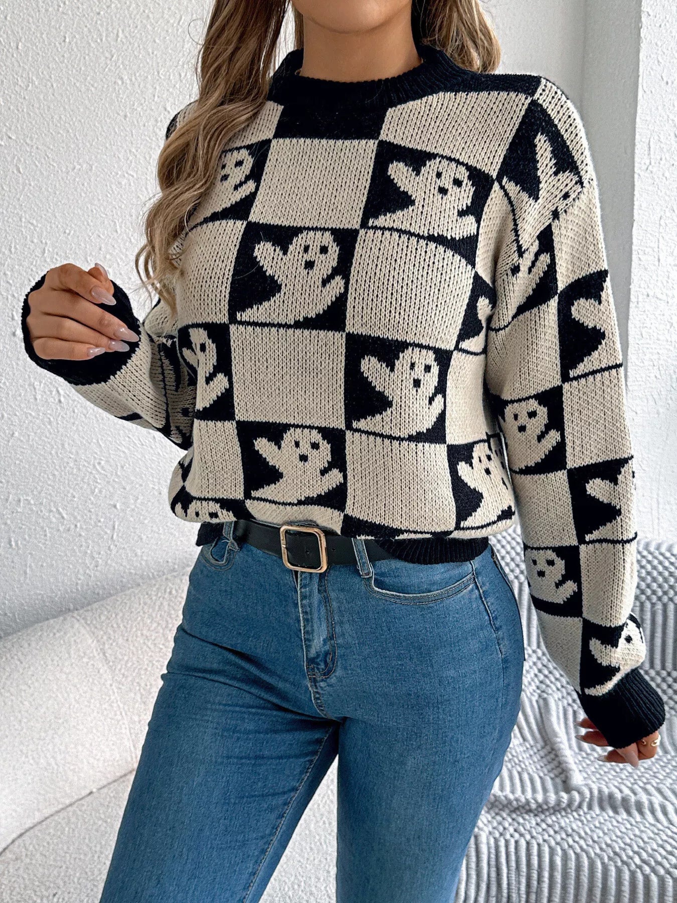 Fashorio Halloween Ghost Pattern Checkered Round Neck Sweater