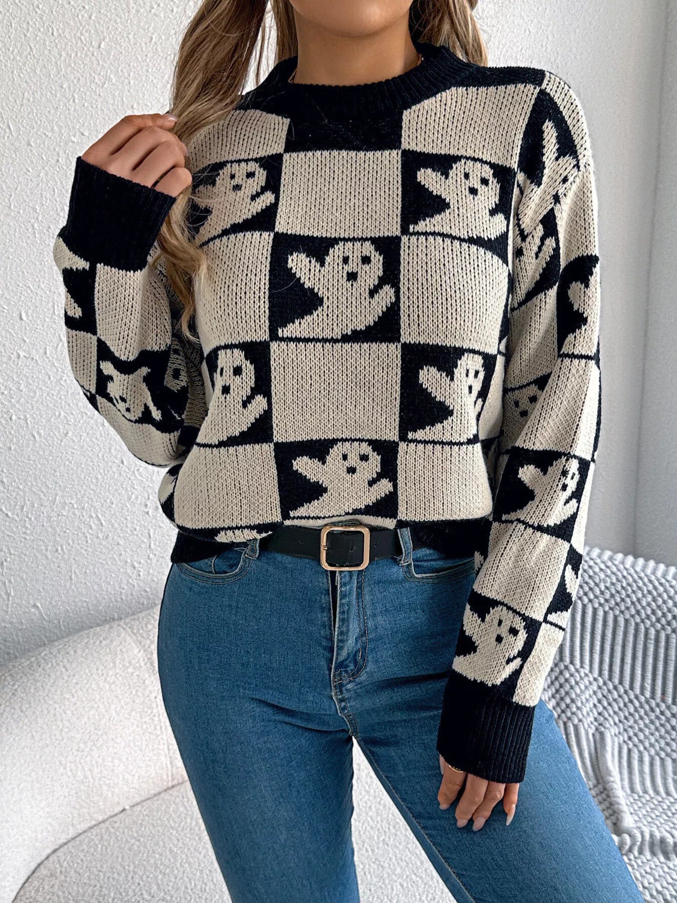 Fashorio Halloween Ghost Pattern Checkered Round Neck Sweater