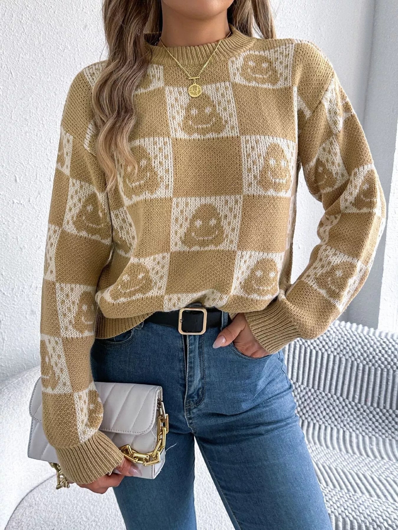 Fashorio Halloween Ghost Pattern Checkered Round Neck Sweater