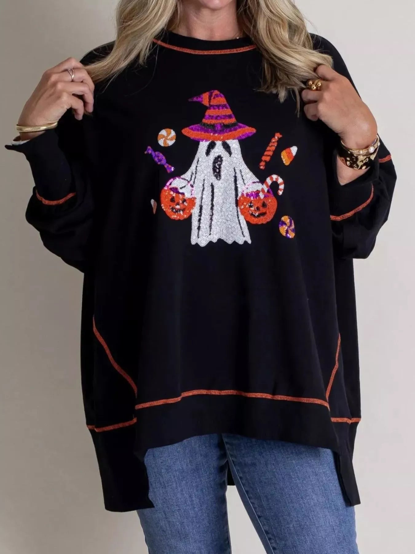 Fashorio Halloween Ghost Sequin Exposed Seam Sweatshirt