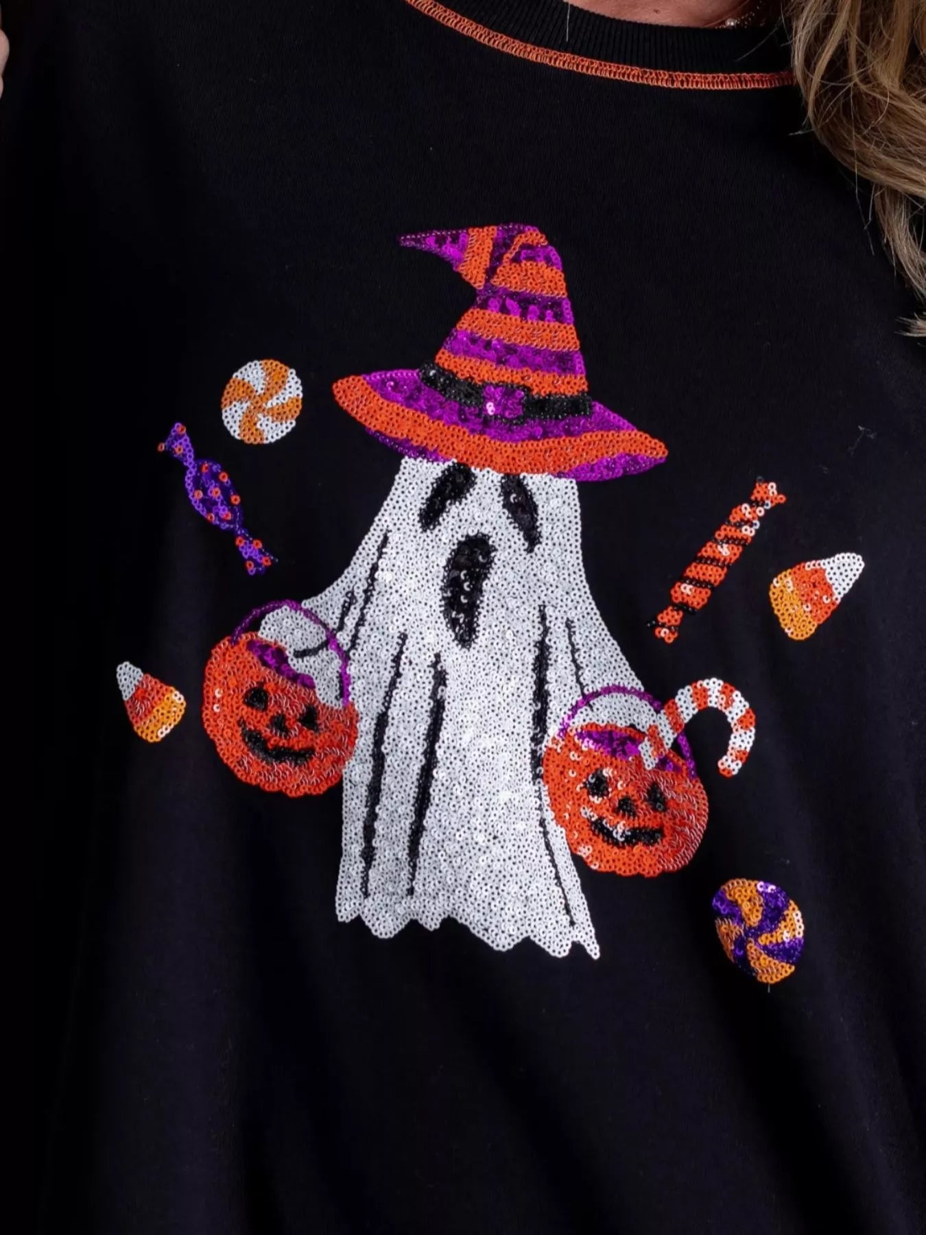 Fashorio Halloween Ghost Sequin Exposed Seam Sweatshirt