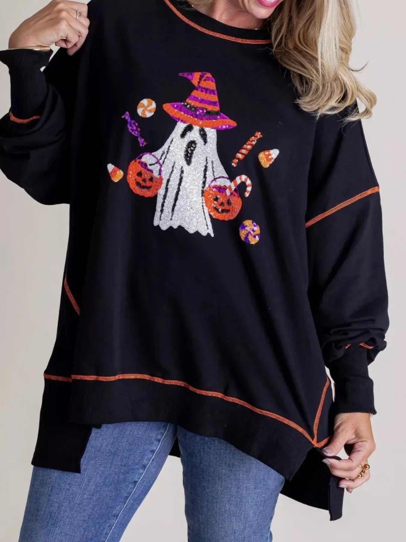 Fashorio Halloween Ghost Sequin Exposed Seam Sweatshirt