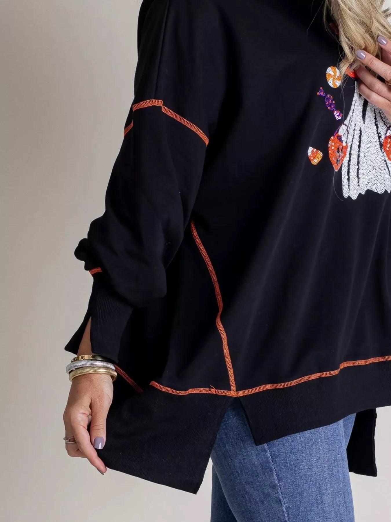 Fashorio Halloween Ghost Sequin Exposed Seam Sweatshirt