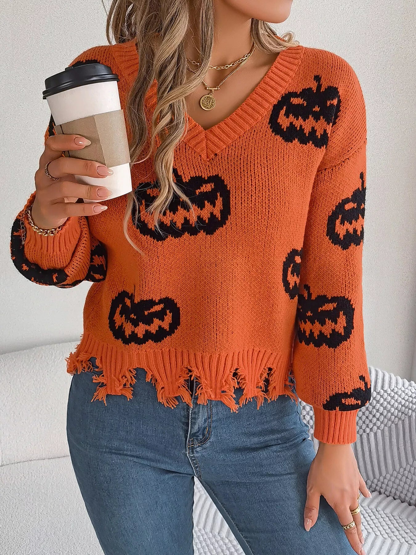 Fashorio Halloween Pumpkin Pattern Raw Hem V-Neck Sweater