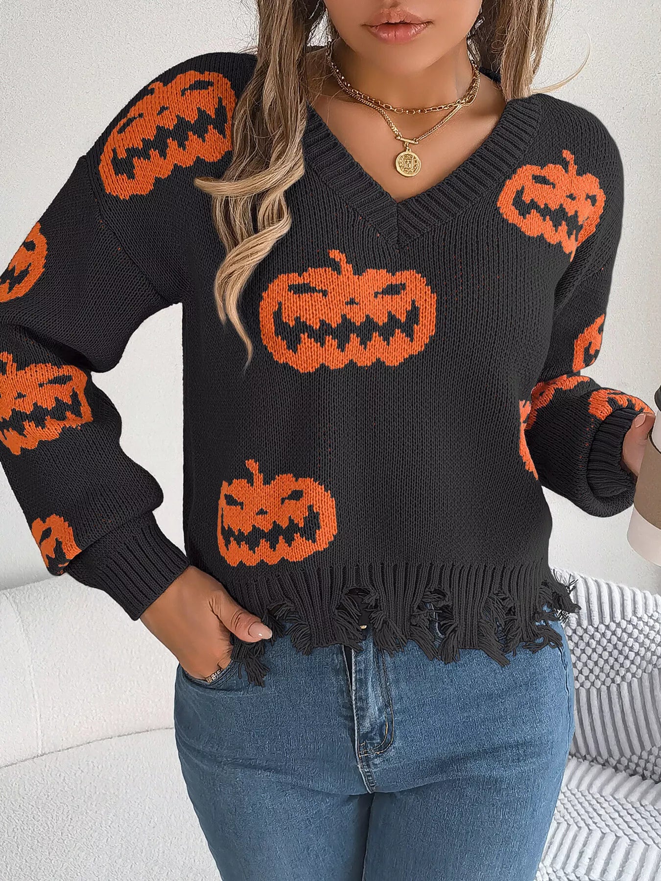 Fashorio Halloween Pumpkin Pattern Raw Hem V-Neck Sweater