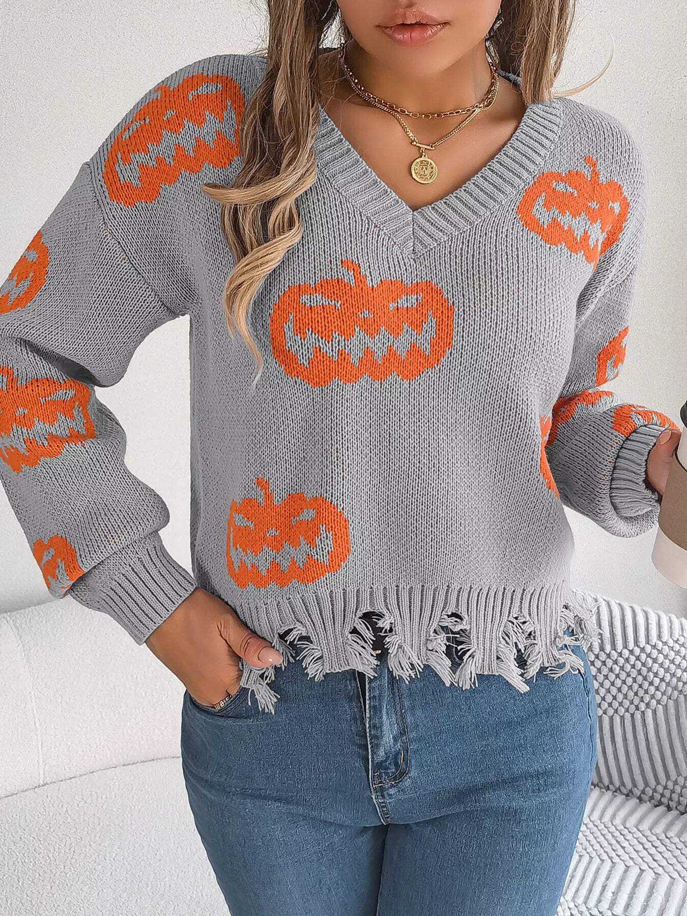 Fashorio Halloween Pumpkin Pattern Raw Hem V-Neck Sweater