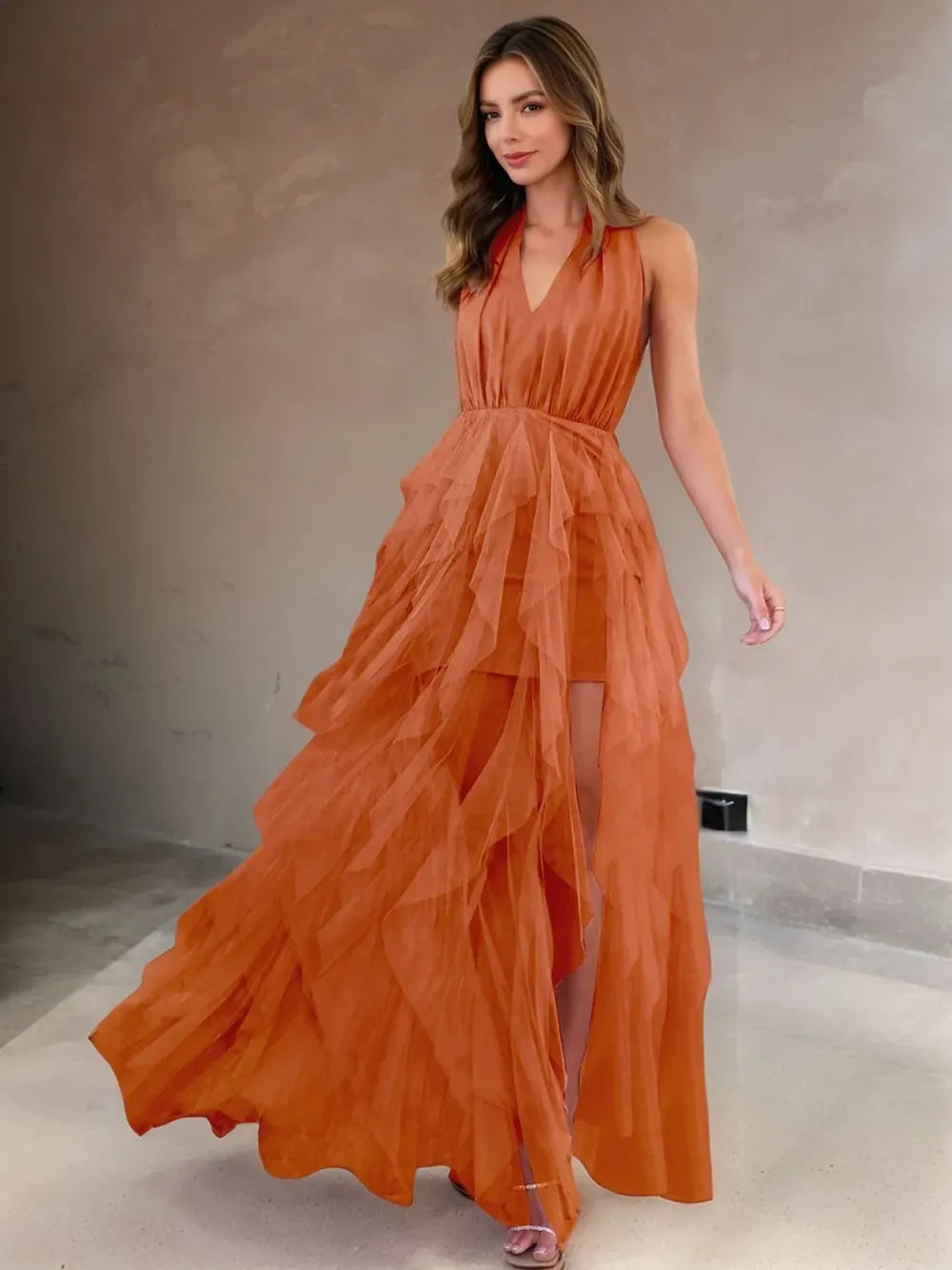 Fashorio Halter Neck Irregular Mesh Dress