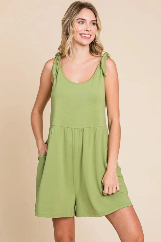 Culture Code Full Size Shoulder Knot Baggy Romper Happy Olive - Fashorio