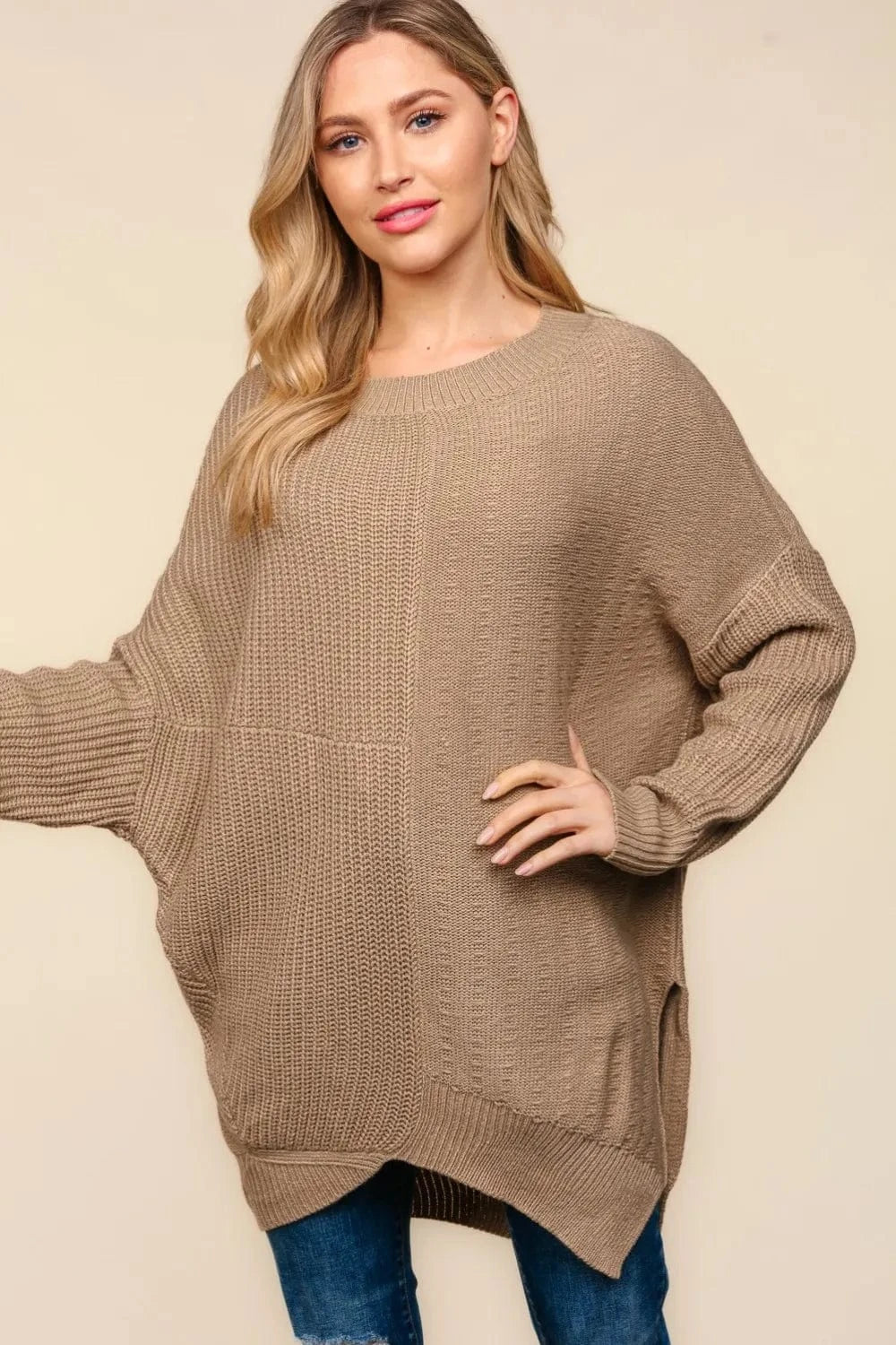Haptics Full Size Side Slit Texture Asymmetric Sweater - Fashorio