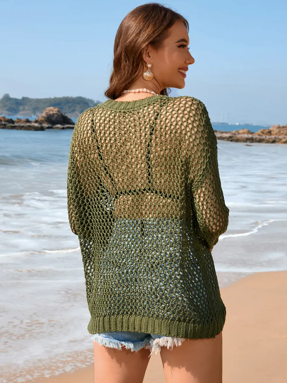 Fashorio Heart Openwork Long Sleeve Cover-Up