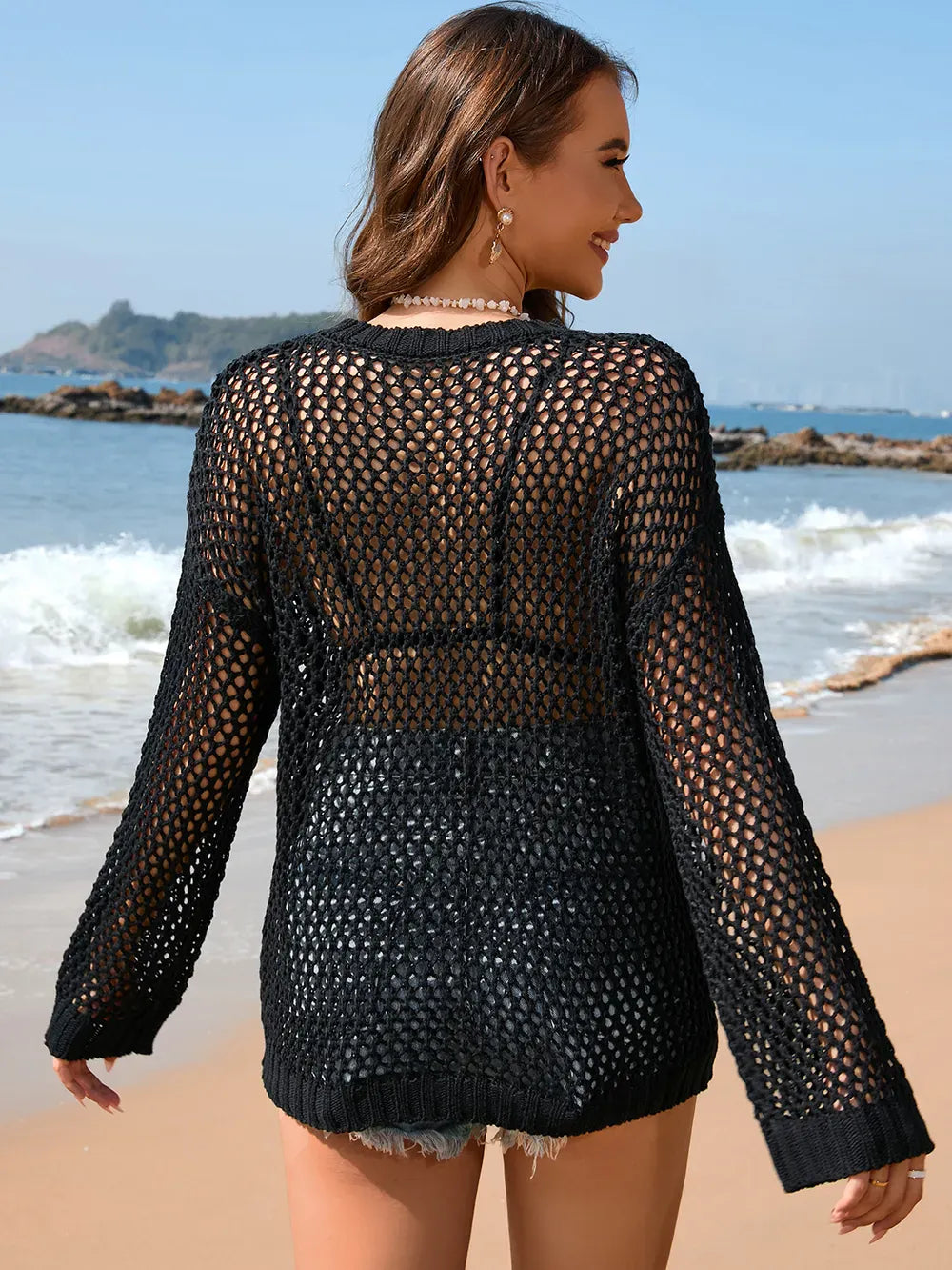 Fashorio Heart Openwork Long Sleeve Cover-Up