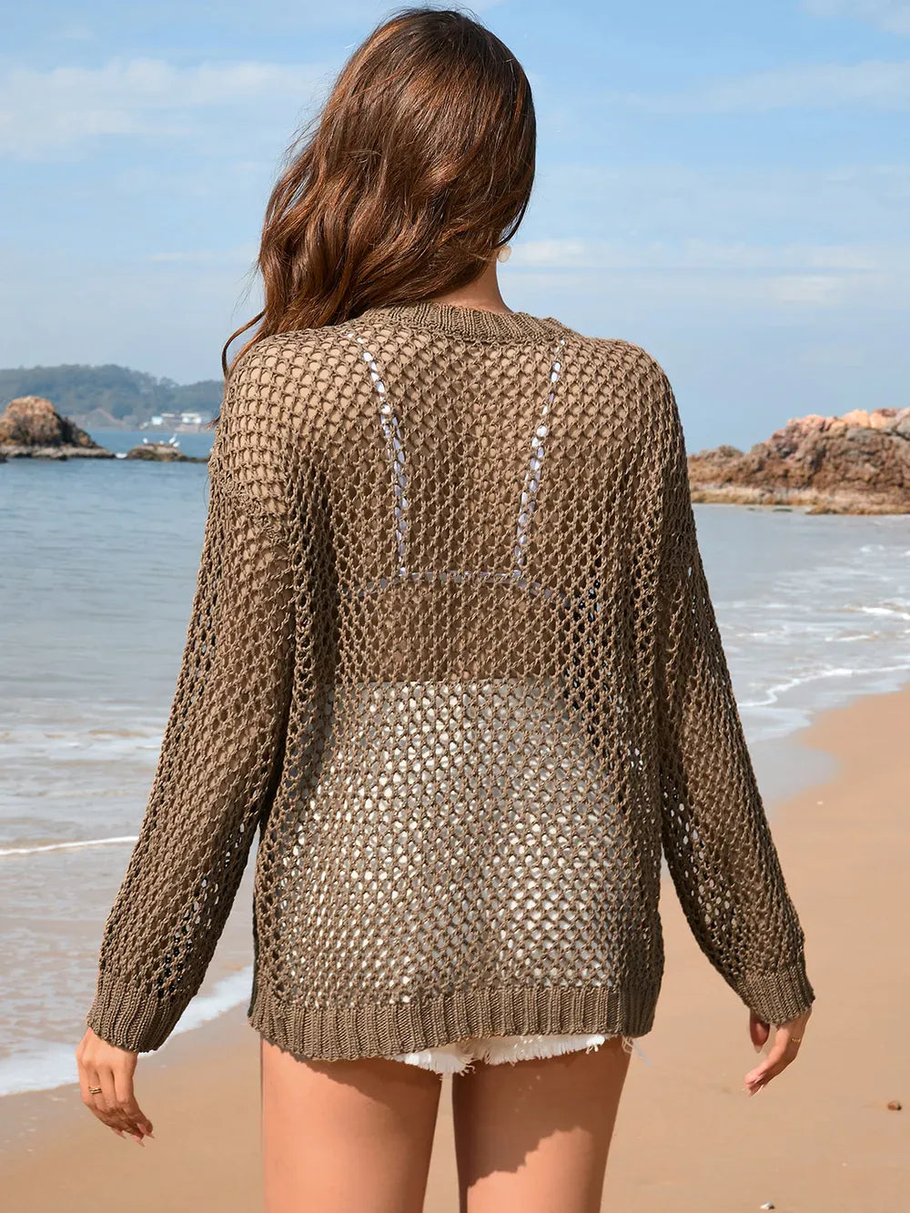 Fashorio Heart Openwork Long Sleeve Cover-Up