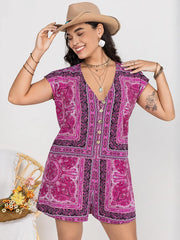 Fashorio Heliotrope Purple / 0XL Plus Size Printed V-Neck Cap Sleeve Romper