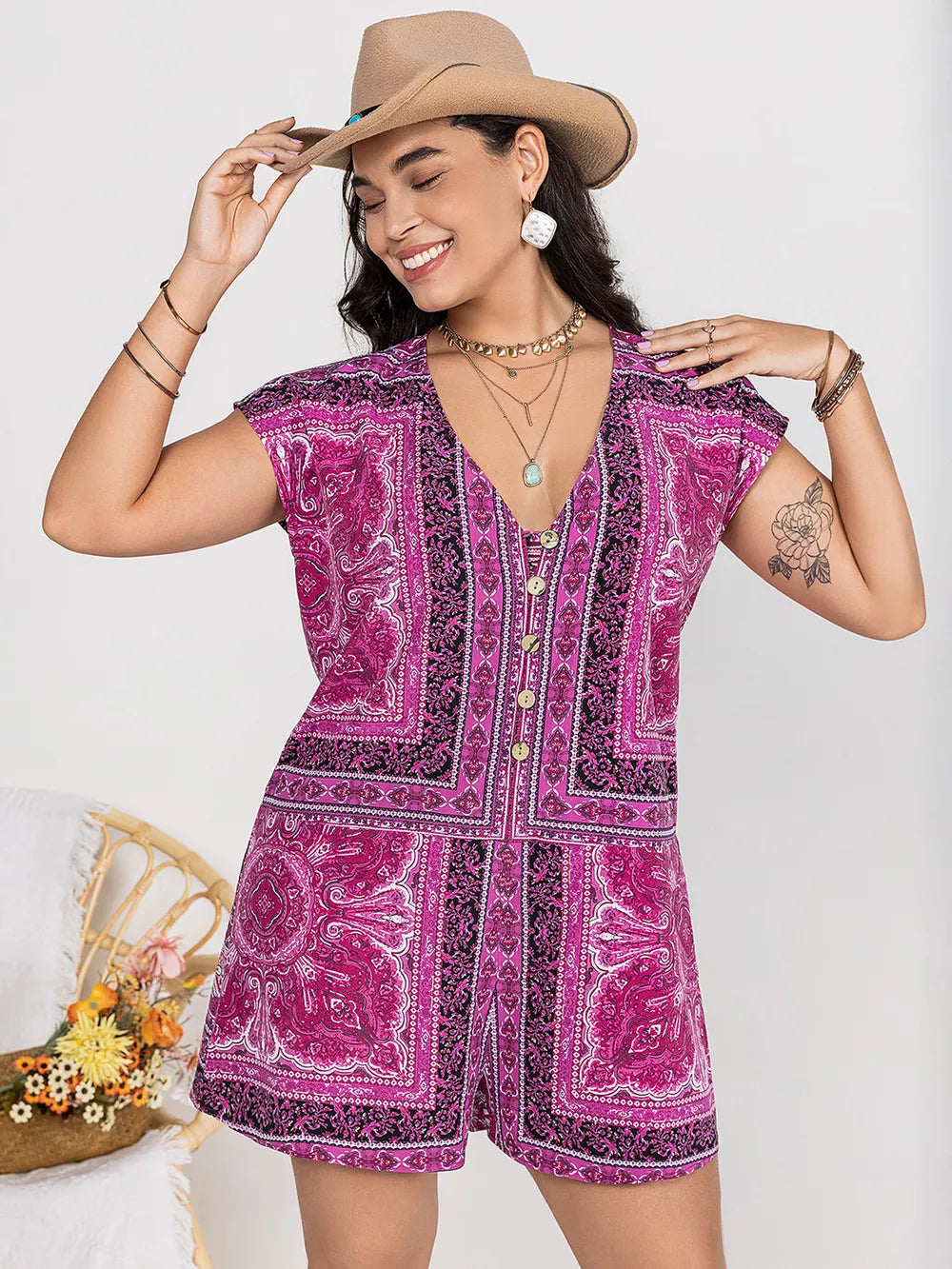 Fashorio Heliotrope Purple / 0XL Plus Size Printed V-Neck Cap Sleeve Romper