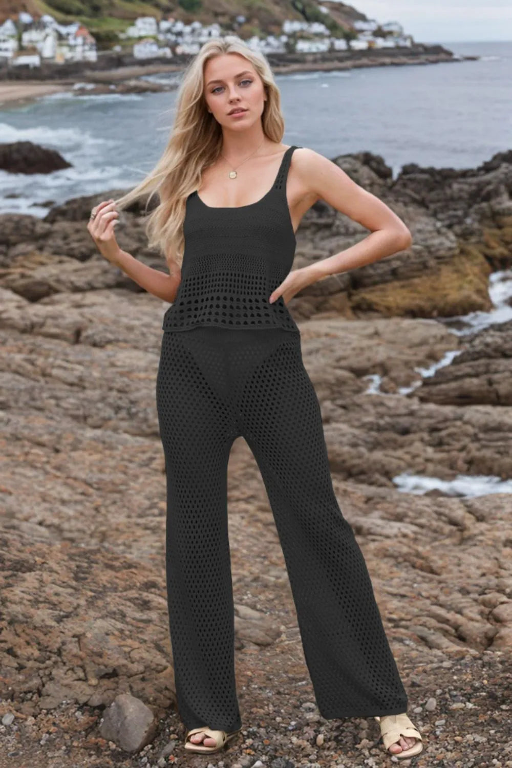 Fashorio Hollow Out Round Neck Top and Pants Sweater Cover Up Set