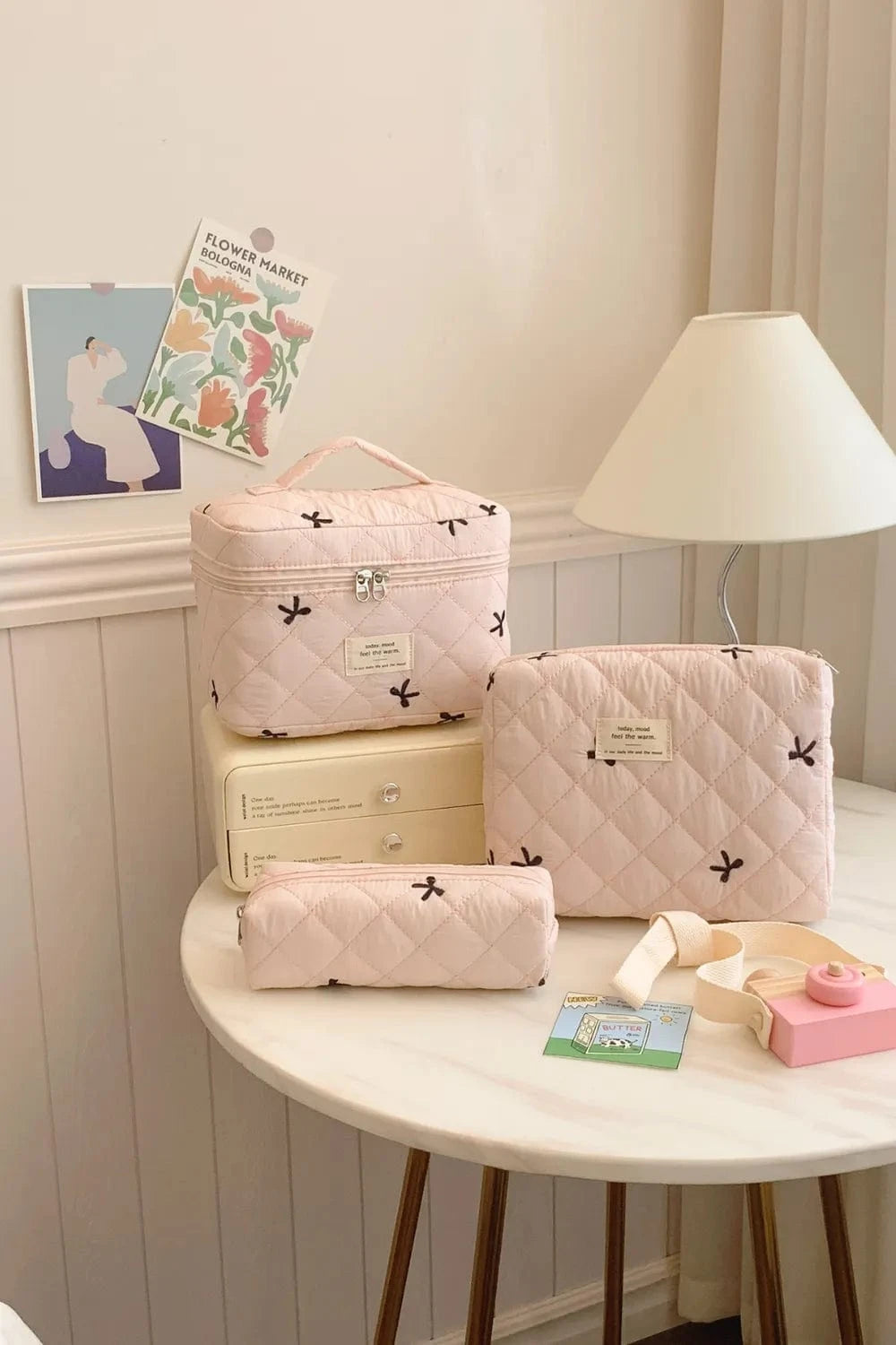 Fashorio Home Decor Accents Blush Pink / One Size 3 Piece Bow Quilted Cloth Storage Bag Set