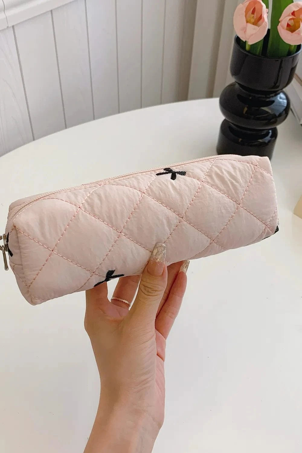 Fashorio Home Decor Accents Blush Pink / One Size Bow Embroidered Quilted Storage Bag