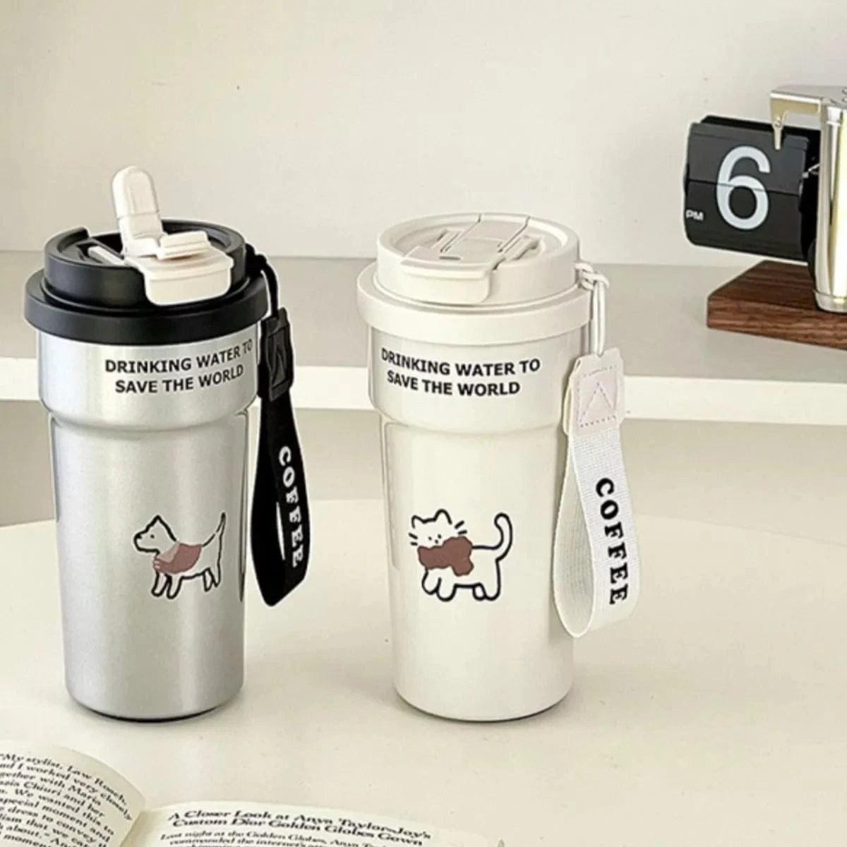 Fashorio Home Decor Accents Cute Cat Stainless Steel Tumbler with Straw
