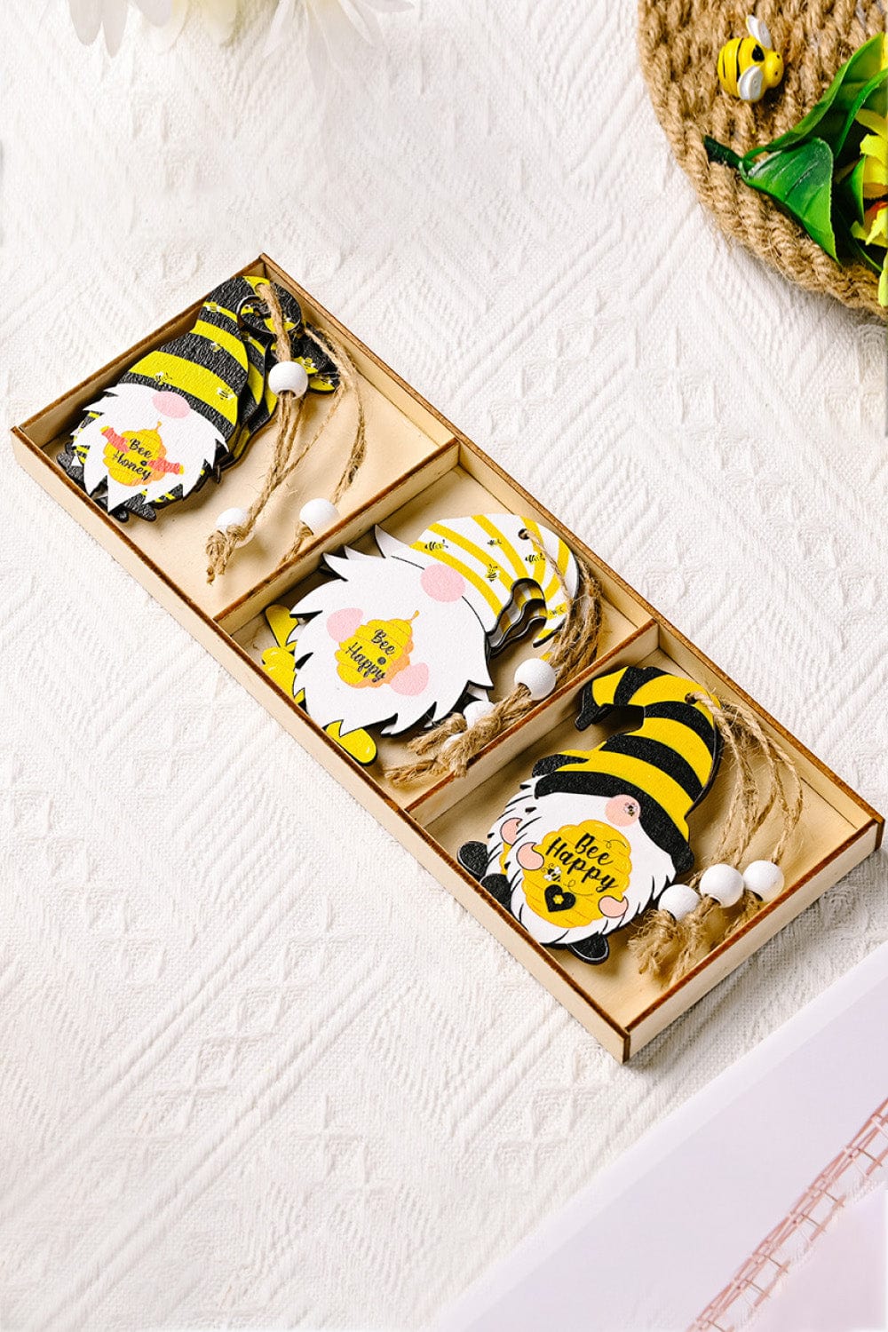 Fashorio Home Decor Accents Yellow/Black/White / One Size 3-Pack Bee Wood Gnome Ornaments