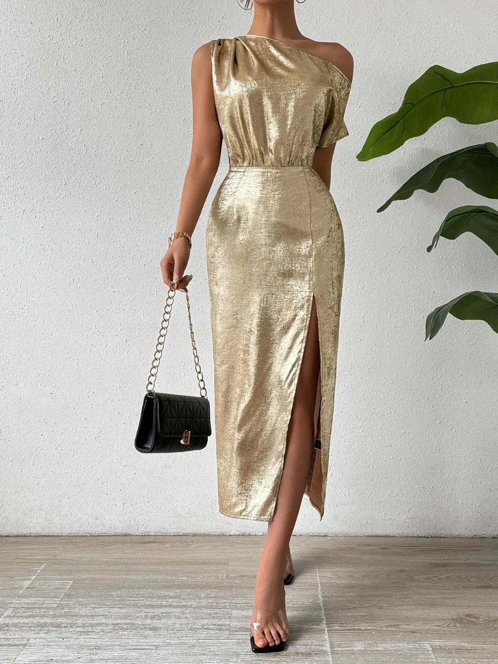 Fashorio Honey Slit One Shoulder Short Sleeve Midi Dress