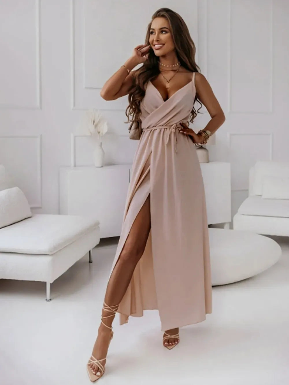 Fashorio Honey Tied Surplice Sleeveless Midi Cami Dress
