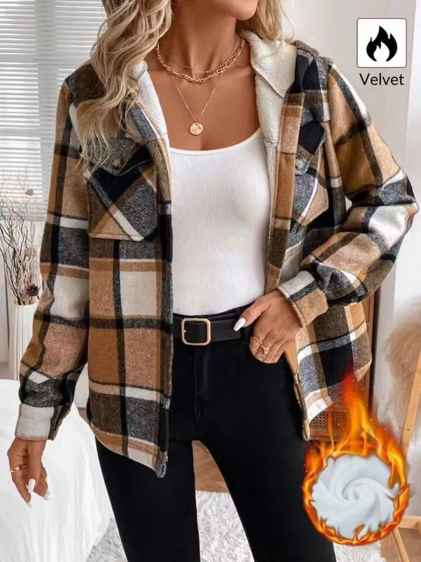 Fashorio Hooded Plaid Button Up Jacket