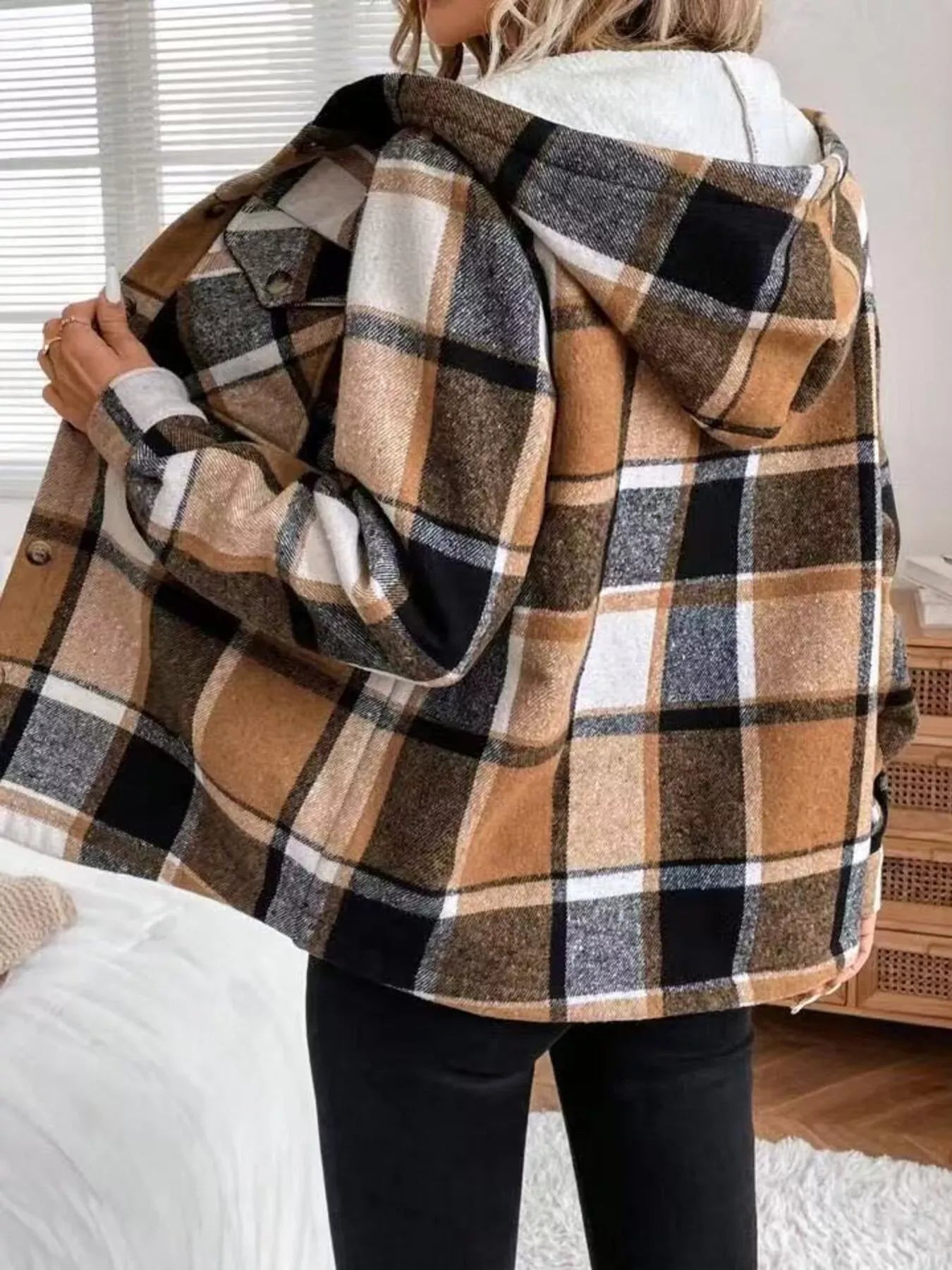 Fashorio Hooded Plaid Button Up Jacket