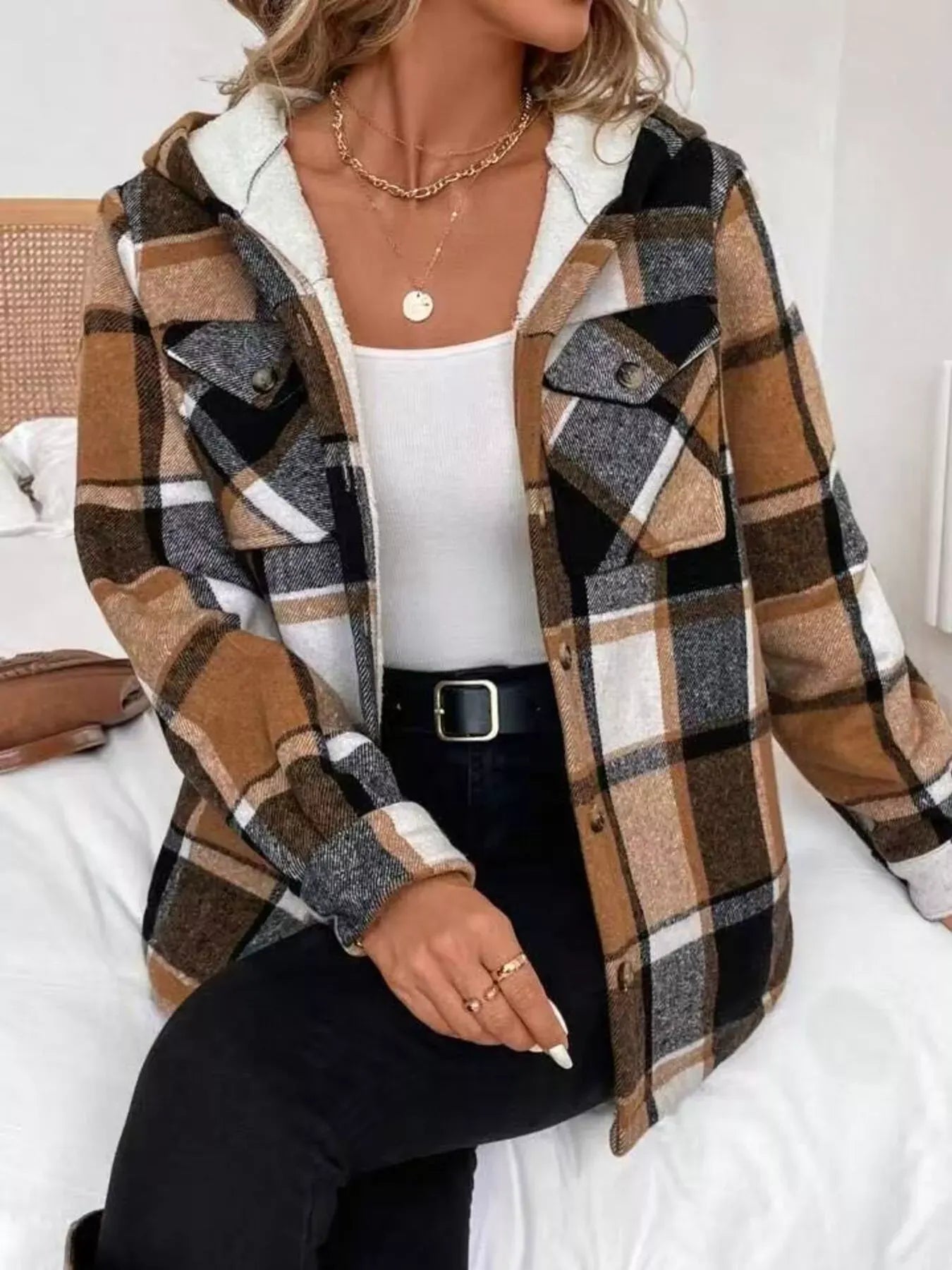 Fashorio Hooded Plaid Button Up Jacket